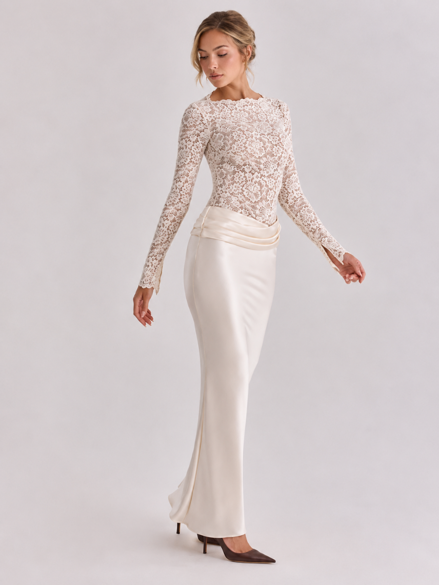 Vestido Manga Longa com Renda e Saia Cetim Modern Dylla