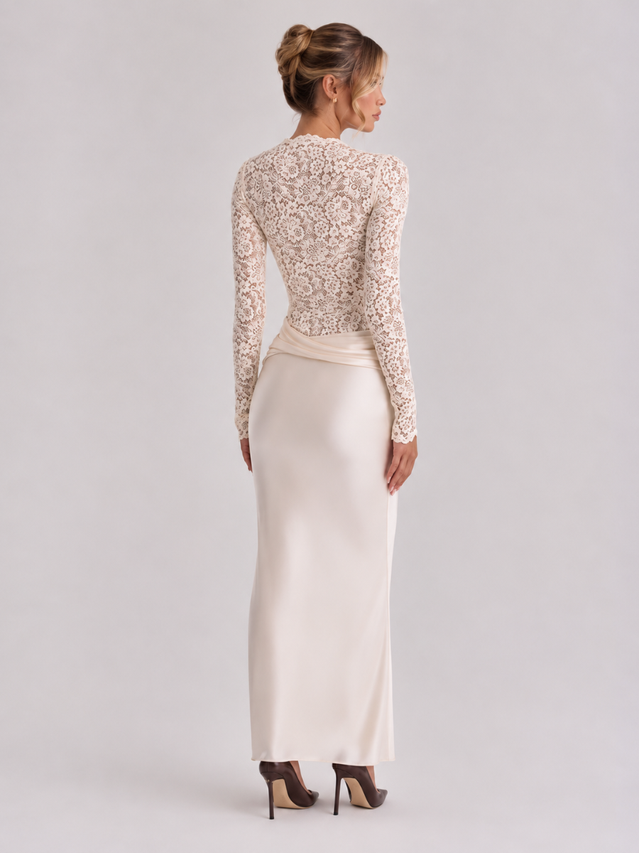 Vestido Manga Longa com Renda e Saia Cetim Modern Dylla