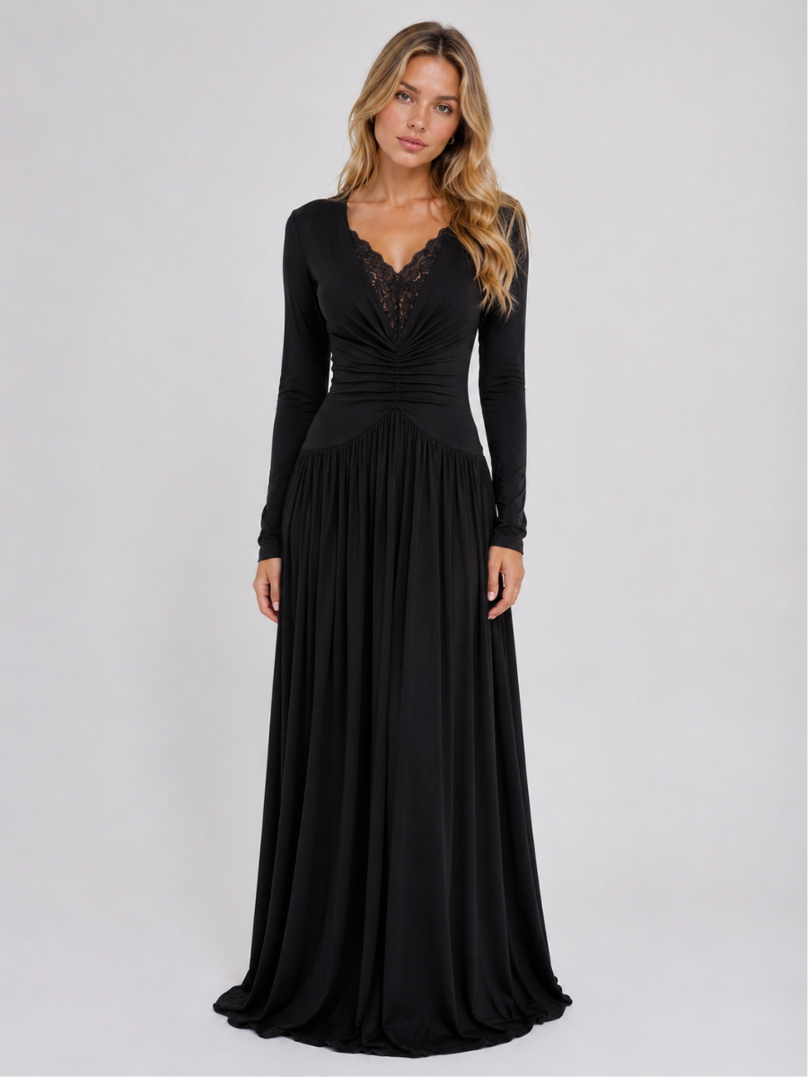 Vestido de Manga Longa Elegante Longo com Renda Modern Dyni