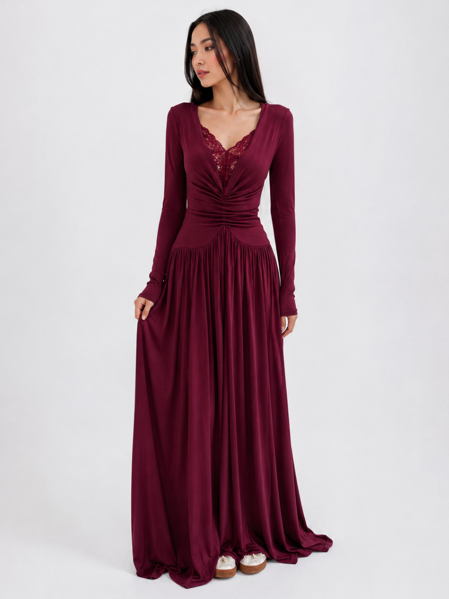 Vestido de Manga Longa Elegante Longo com Renda Modern Dyni