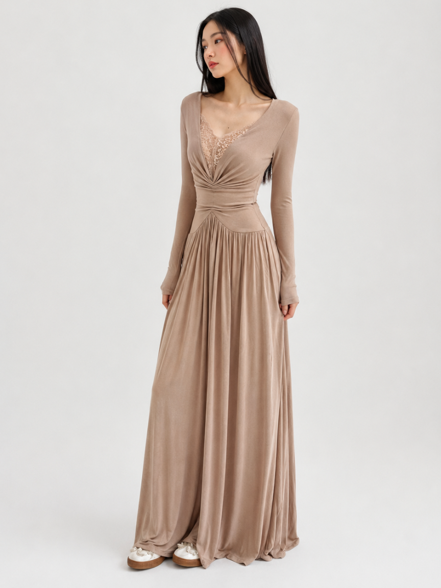 Vestido de Manga Longa Elegante Longo com Renda Modern Dyni
