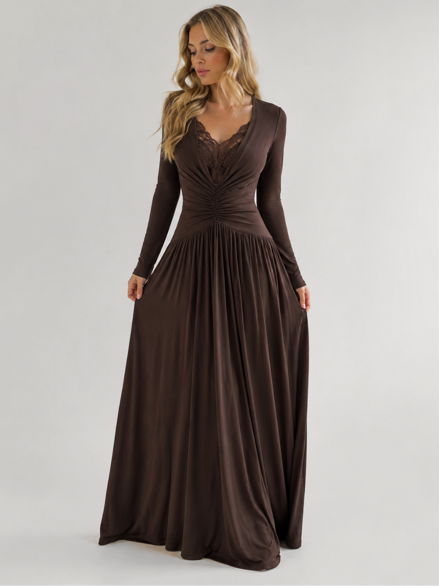 Vestido de Manga Longa Elegante Longo com Renda Modern Dyni