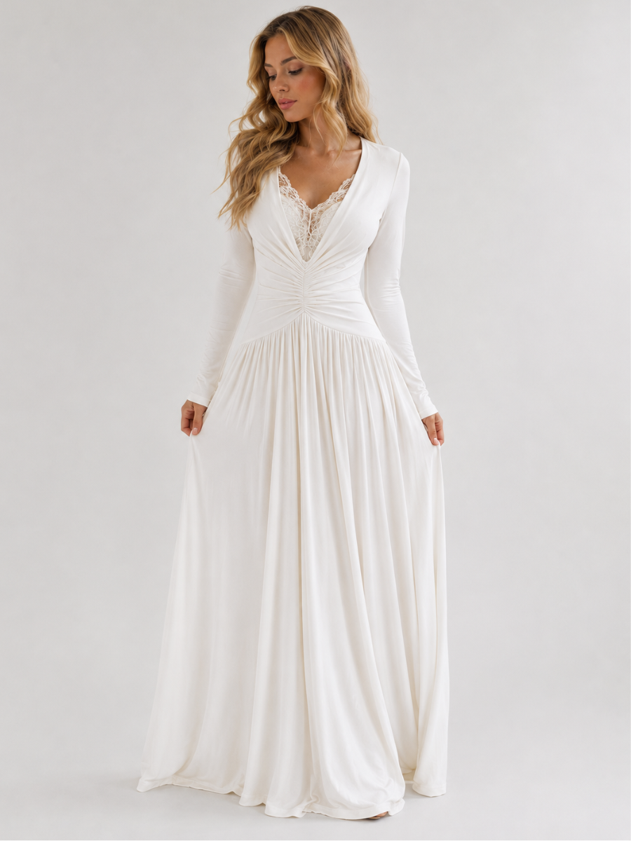 Vestido de Manga Longa Elegante Longo com Renda Modern Dyni