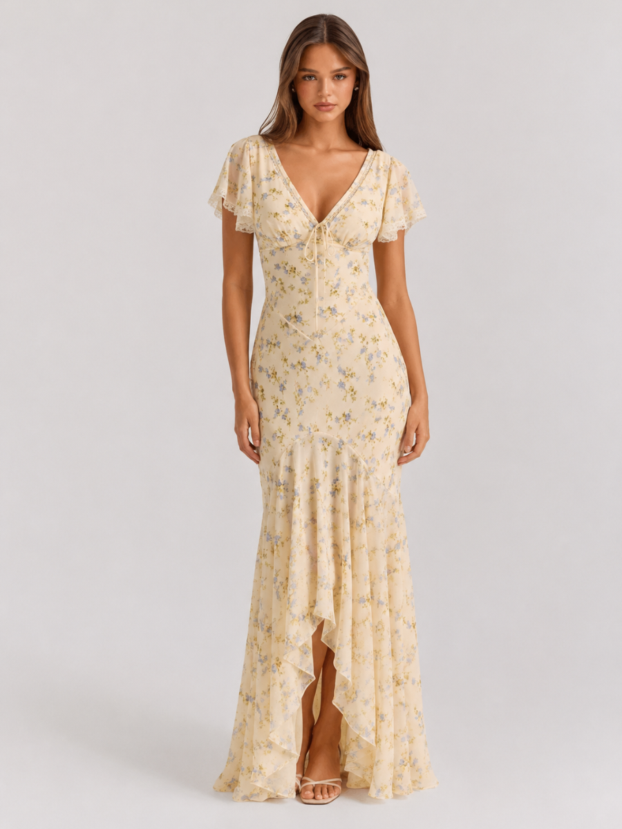 Vestido Longo Floral com Manga Princesa Modern Jamylle