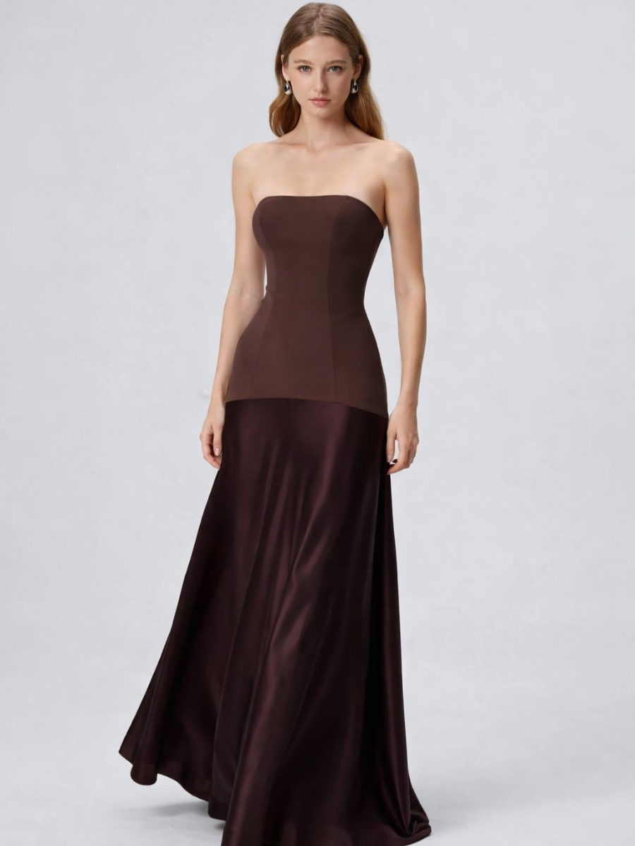 Vestido Longo Sem Alças Saia em Cetim Modern Elysia