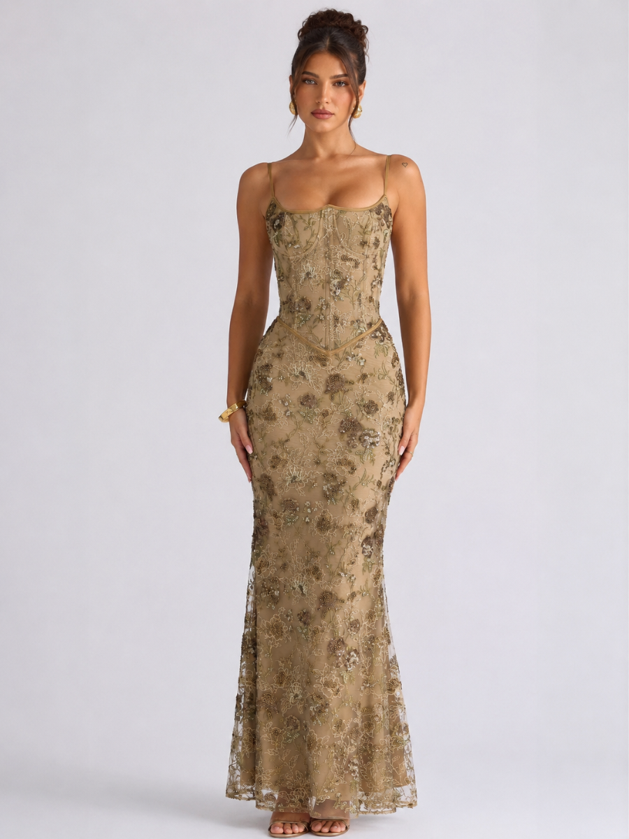 Vestido Longo Corset e Paetê Bordado Modern Rosalie