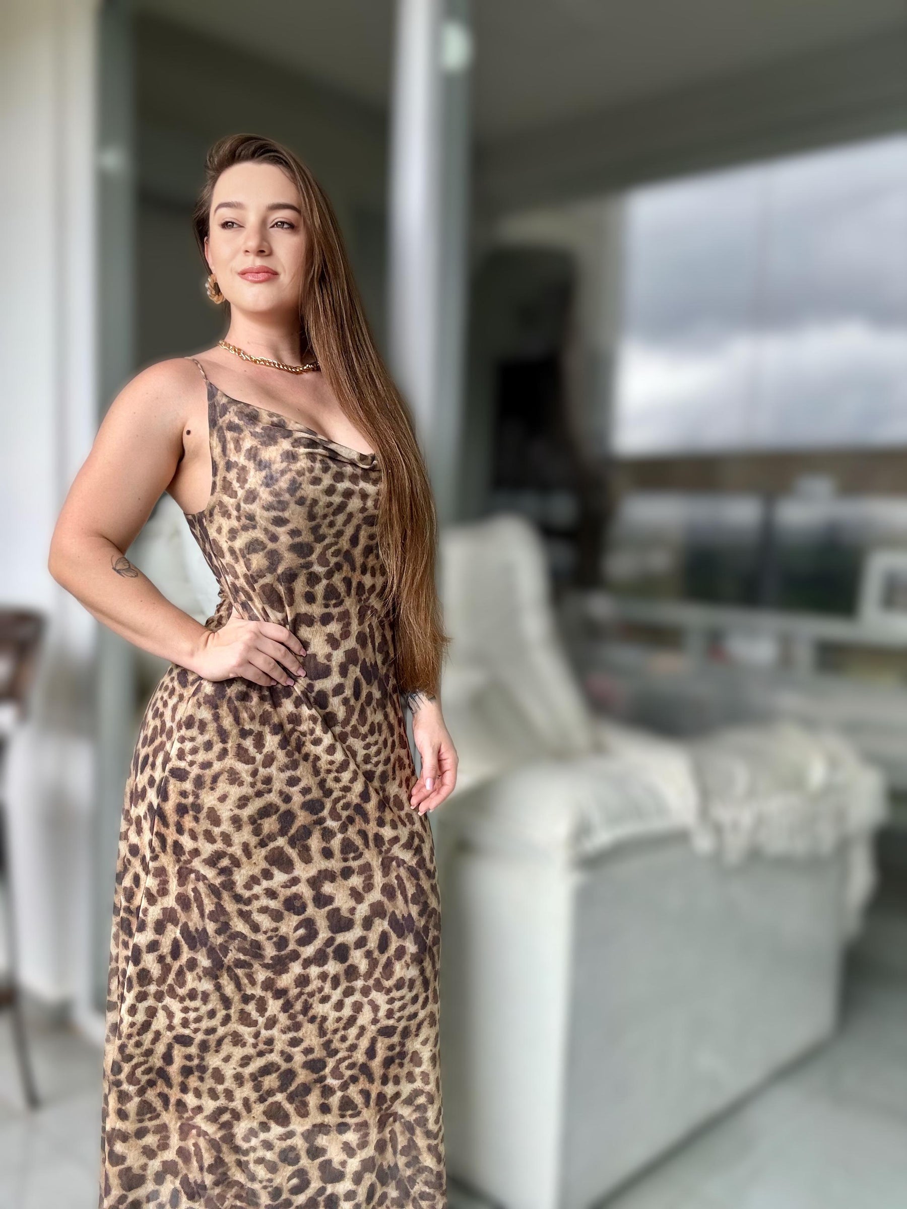 Vestido Longo Animal Print Modern Deleony