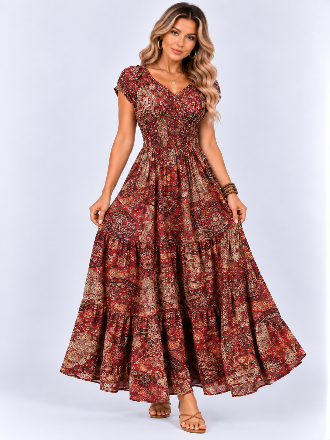Vestido Vintage Maxi com Elástico na Cintura Modern Ana