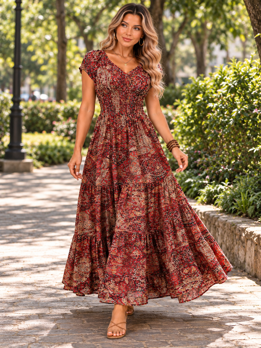 Vestido Vintage Maxi com Elástico na Cintura Modern Ana