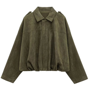 Jaqueta Feminina Suede Oversized Premium com Zíper e Gola Lapela Modern Roma
