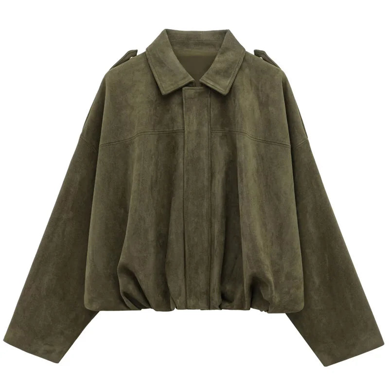 Jaqueta Feminina Suede Oversized Premium com Zíper e Gola Lapela Modern Roma