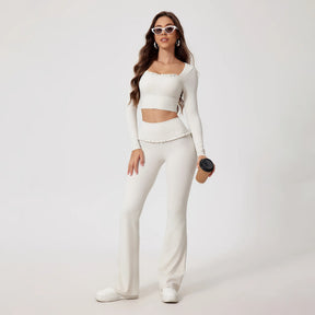 Conjunto Tendência Gringa Top Manga Longa e Calça Flare  Modeladora Modern Fluffy