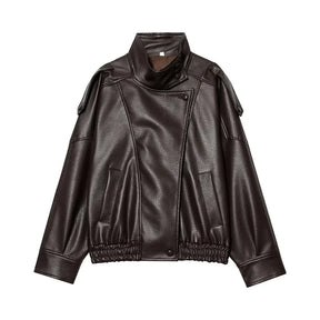 Jaqueta Feminina Oversized Couro Eco Gola Alta Estilo Europeia Vintage Premium Modern Verona