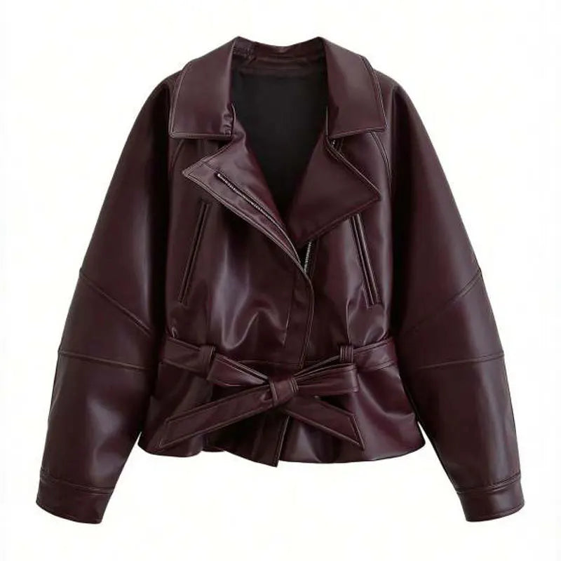 Jaqueta Feminina de Couro Eco com Cinto Oversized Modern Chelsea