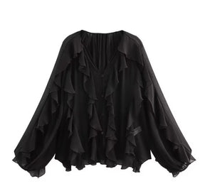 Blusa Manga Longa Chiffon Babados Modern Royal Chic