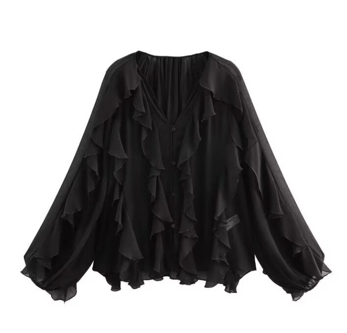 Blusa Manga Longa Chiffon Babados Modern Royal Chic
