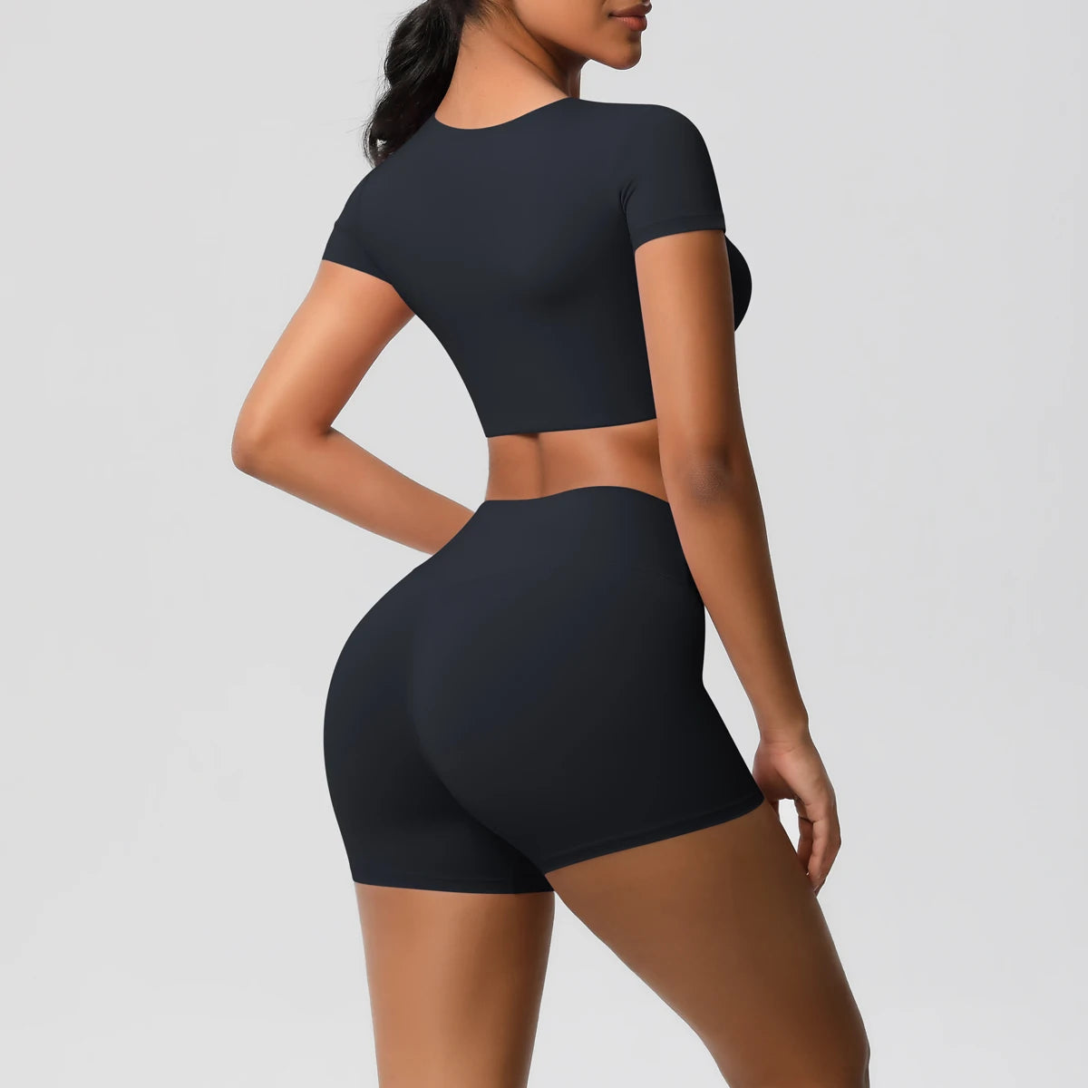 Conjunto Top Meia Manga e Shorts Cós Alto Modern Basic