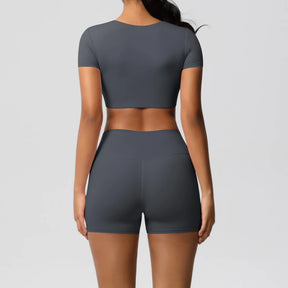 Conjunto Top Meia Manga e Shorts Cós Alto Modern Basic