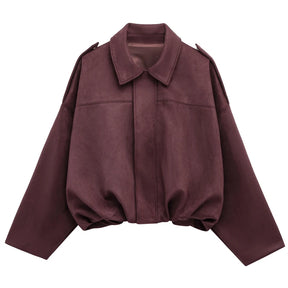 Jaqueta Feminina Suede Oversized Premium com Zíper e Gola Lapela Modern Roma