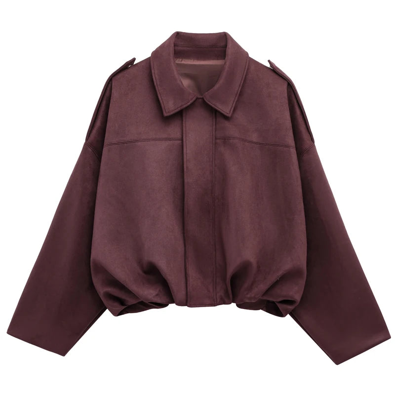 Jaqueta Feminina Suede Oversized Premium com Zíper e Gola Lapela Modern Roma