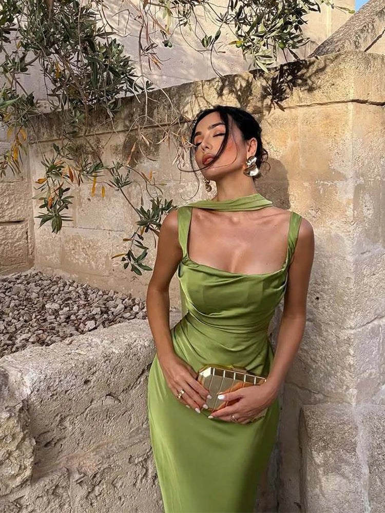 Vestido Longo de Cetim com Lenço Modern Viena
