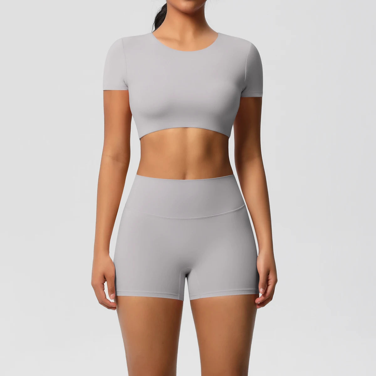 Conjunto Top Meia Manga e Shorts Cós Alto Modern Basic