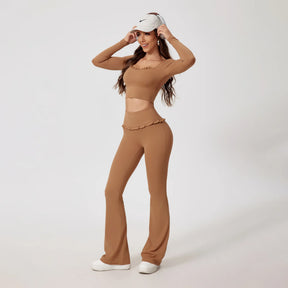 Conjunto Tendência Gringa Top Manga Longa e Calça Flare  Modeladora Modern Fluffy