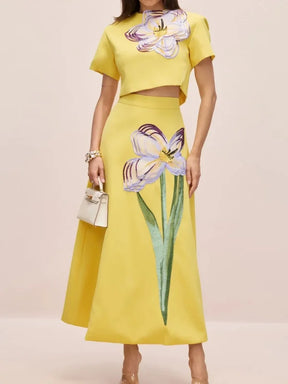 Conjunto Floral Cropped e Saia Midi Modern Iza