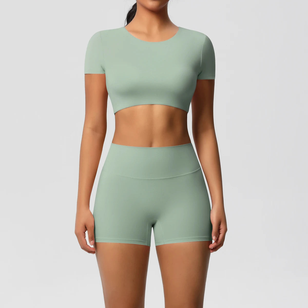 Conjunto Top Meia Manga e Shorts Cós Alto Modern Basic