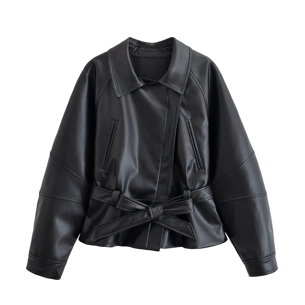 Jaqueta Feminina de Couro Eco com Cinto Oversized Modern Chelsea