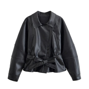 Jaqueta Feminina de Couro Eco com Cinto Oversized Modern Chelsea