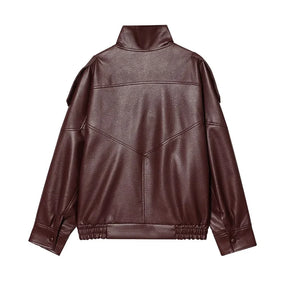 Jaqueta Feminina Oversized Couro Eco Gola Alta Estilo Europeia Vintage Premium Modern Verona