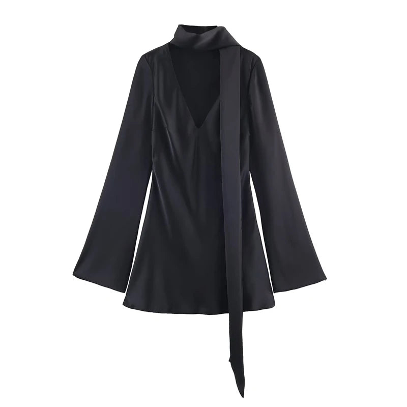 Vestido Feminino Cetim Luxo Manga Flare com Gola Lenço Modern Venezia
