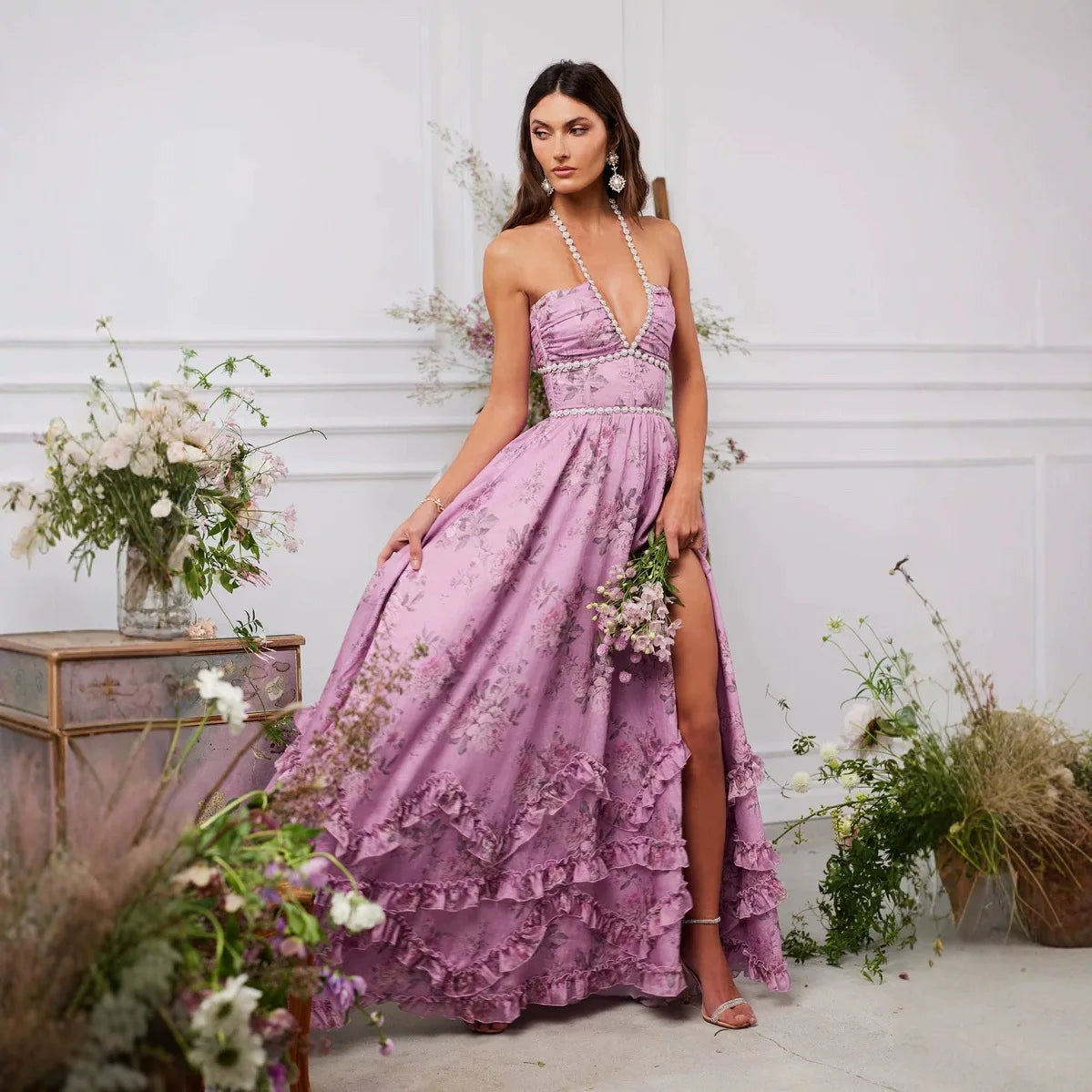 Vestido Longo com Babados e Fenda Modern Lara