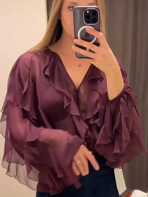 Blusa Manga Longa Chiffon Boho Chic Modern Royal