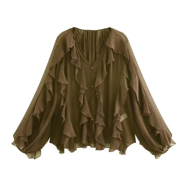 Blusa Manga Longa Chiffon Babados Modern Royal Chic