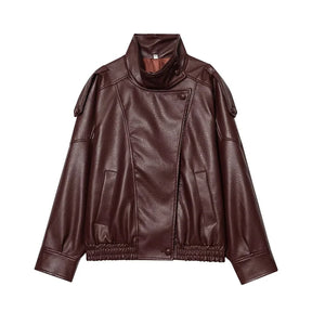 Jaqueta Feminina Oversized Couro Eco Gola Alta Estilo Europeia Vintage Premium Modern Verona