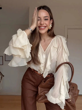 Blusa Manga Longa Chiffon Boho Chic Modern Royal