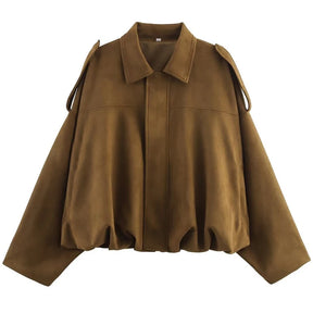 Jaqueta Feminina Suede Oversized Premium com Zíper e Gola Lapela Modern Roma