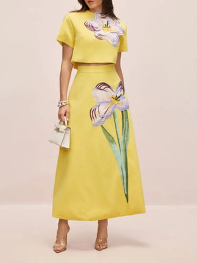 Conjunto Floral Cropped e Saia Midi Modern Iza