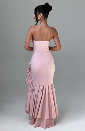 Vestido Longo com Fenda de  Babados Modern Angelina