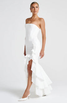 Vestido Longo com Fenda de  Babados Modern Angelina