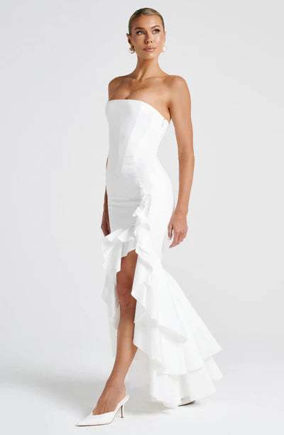 Vestido Longo com Fenda de  Babados Modern Angelina