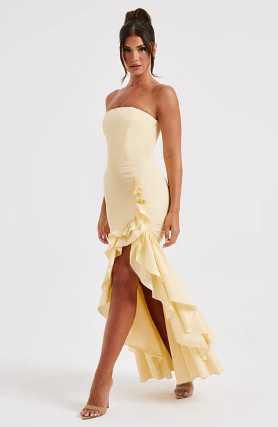 Vestido Longo com Fenda de  Babados Modern Angelina