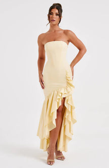 Vestido Longo com Fenda de  Babados Modern Angelina
