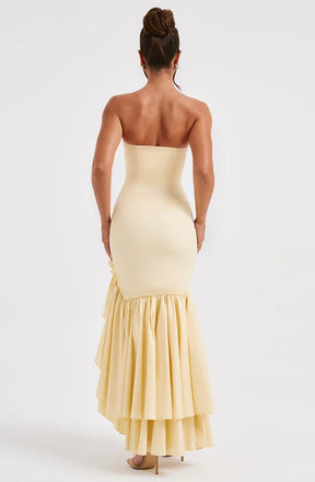 Vestido Longo com Fenda de  Babados Modern Angelina