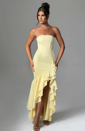 Vestido Longo com Fenda de  Babados Modern Angelina