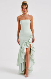Vestido Longo com Fenda de  Babados Modern Angelina