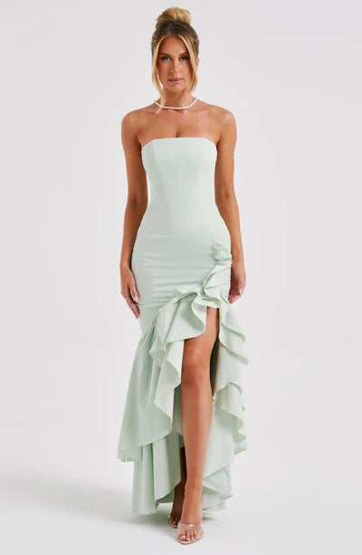 Vestido Longo com Fenda de  Babados Modern Angelina