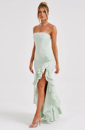 Vestido Longo com Fenda de  Babados Modern Angelina